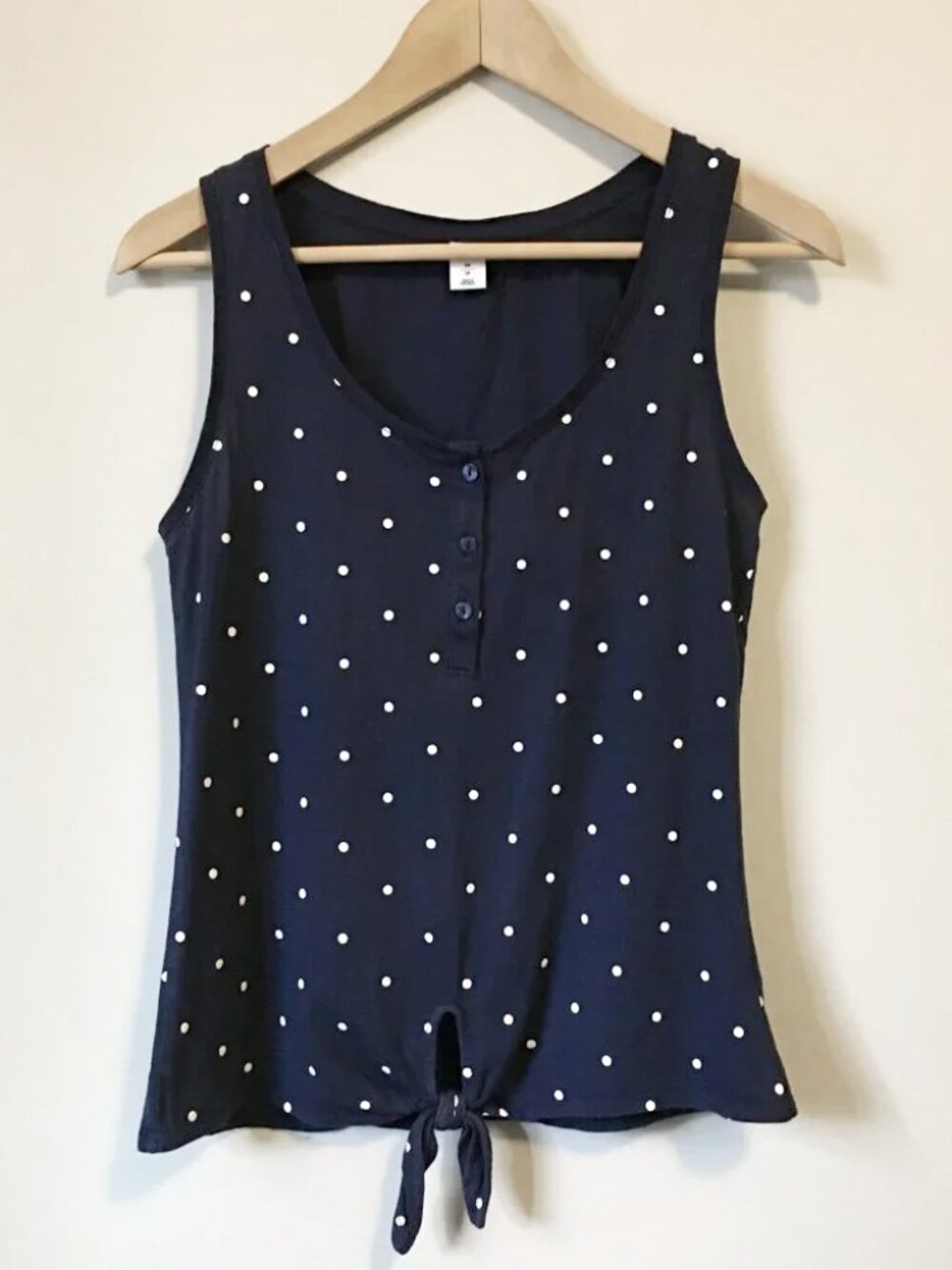 Old Navy 100% Cotton Navy & White Polka Dot Tie Hem Button Collar Tank Top XS